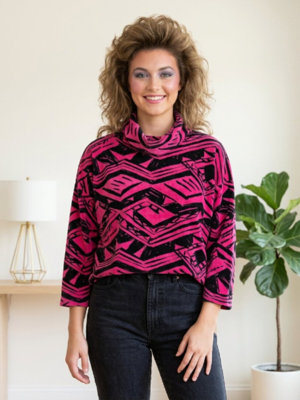 Vtg 80s neon pink black velour turtleneck